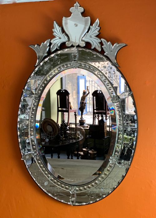 Antique Venetian Oval Mirror with Etched and Bevel Glass Plate