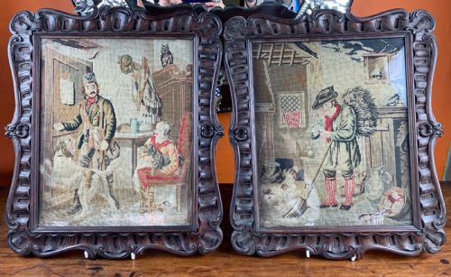 Pair of Victorian Berlin Woolwork Pictures of Rustic Scenes with Dogs