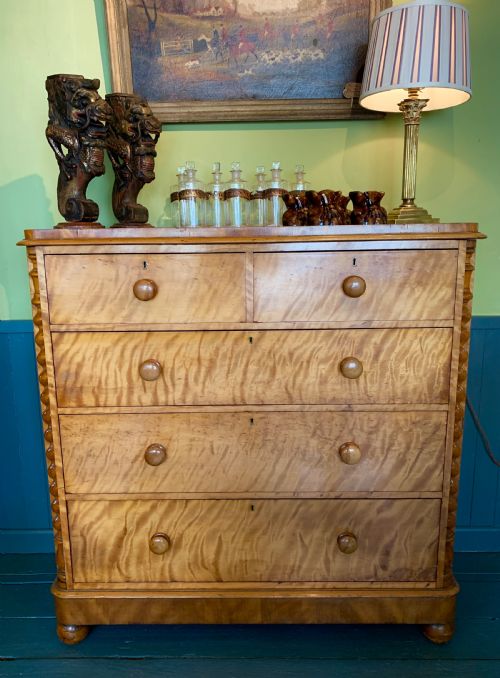 Victorian Satin Birch Chest of Drawers with Barley Twist Columns