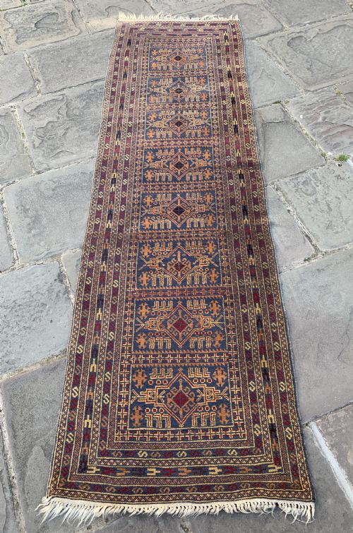 Persian Hand Knotted Blue Ground Medallion Runner