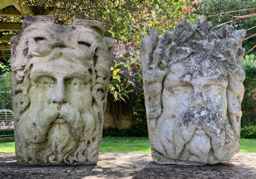Pair of French Carved Stone Mascaron Keystones 19th Century