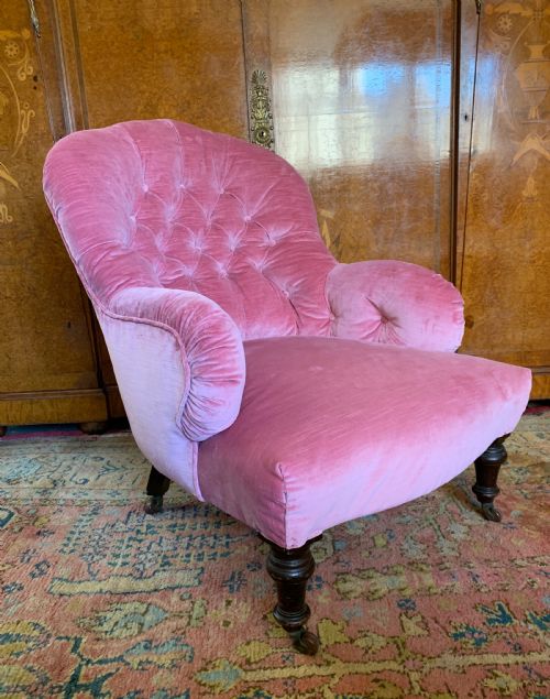 Victorian Iron Frame Button Back Armchair Recently Upholstered in Pink Velvet