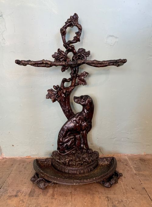 Victorian Cast Iron Stick Stand in the Form of a Dog Seated Before a Tree