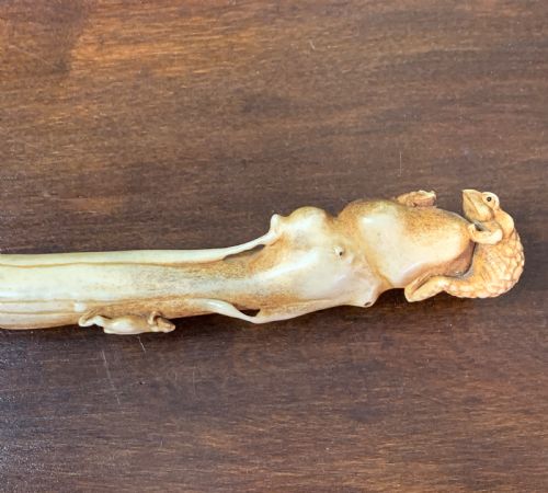 Signed Japanese Carved Bone Parasol Handle Carved with Frogs