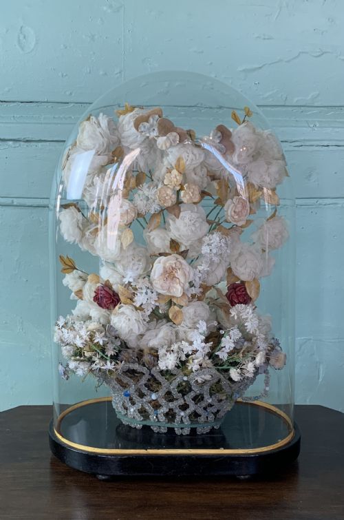 Victorian Glass Bead & Silk Flower Display Under Glass Dome