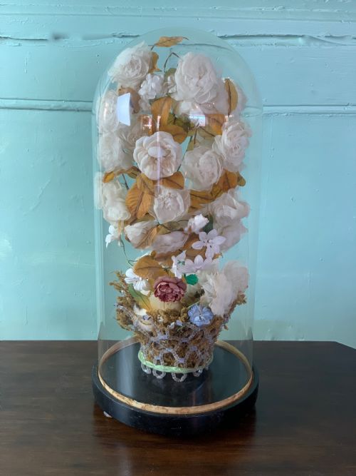 Victorian Glass Dome with a Silk Flower Display in Glass Beaded Basket