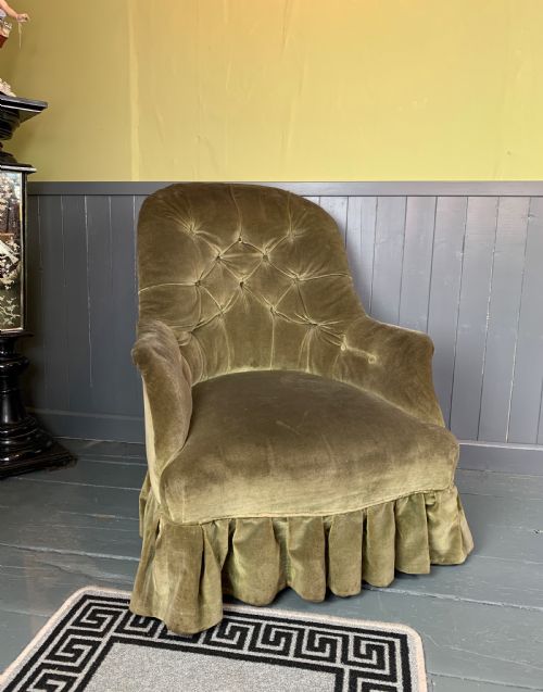 Victorian Iron Framed Button Back Armchair with Green Velvet Upholstery