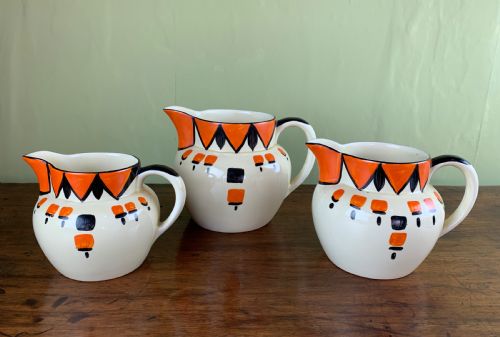 Graduated Set of Threevmyott & Sons Art Deco Hand Painted Jugs