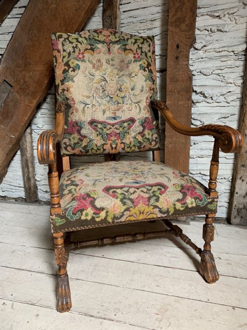 Antique Armchair in Carolean Style with Needlework Upholstery