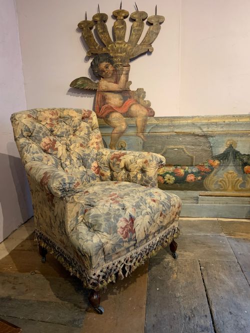 Victorian Country House Button Upholstered Chintz Armchair
