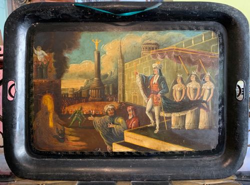 fig 1. Early Victorian hand painted toleware tray with Biblical scene of Nebuchadnezzar