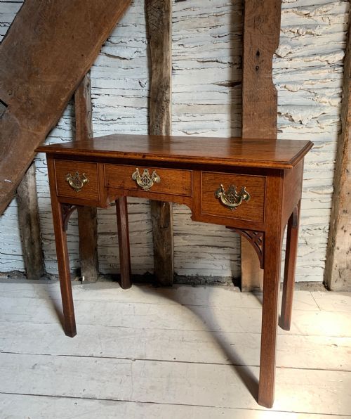 Georgian Oak Lowboy with Three Frieze Drawers and Pierced Brass Handles