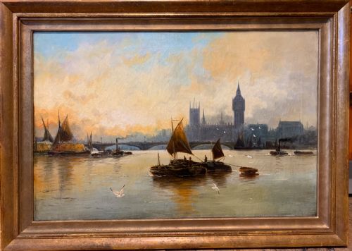 Edwin Henry Eugene Fletcher a Pair of Oil Paintings of the Thames Looking Towards Parliament and Another of the Thames Estuary