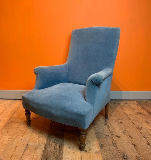 Antique French Napoleon III Blue Velvet Armchair