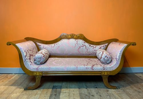 Scandinavian Two Seat Scroll End Inlaid Walnut Sofa in Empire Taste