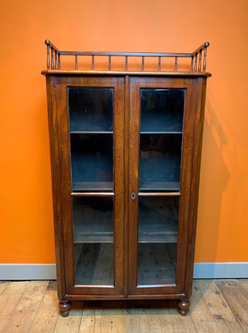 Continental Mahogany Glazed Bookcase Cabinet with Gallery Top