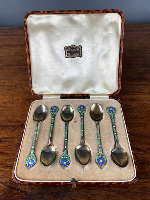 Antique Art Nouveau Silver & Enamel Teaspoons