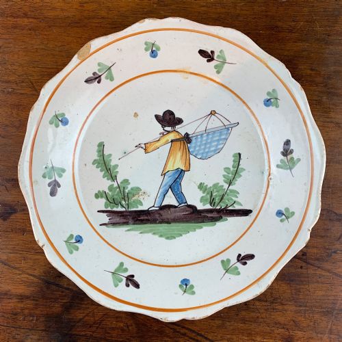 Antique French Faience Plate Painted with a Fisherman