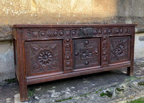 Early 18th Century Carved Oak Three Panel Coffer