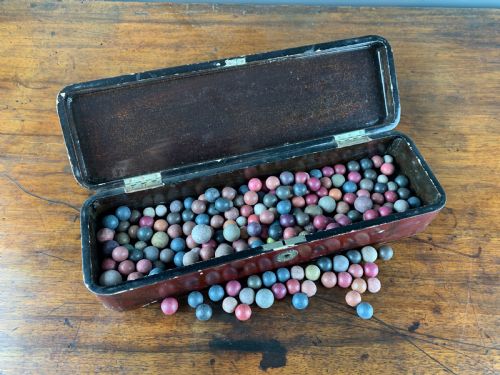 Quantity of Victorian Pottery Marbles in a Japanese Lacquer Box