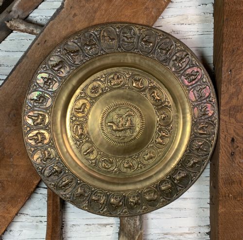Antique Indian Repousse Brass Zodiac Charger