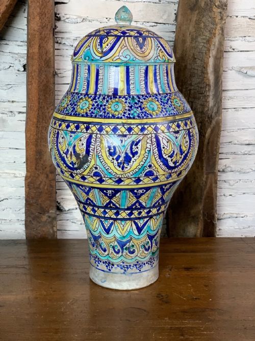Antique Moroccan Fez Pottery Preserve Jar and Cover