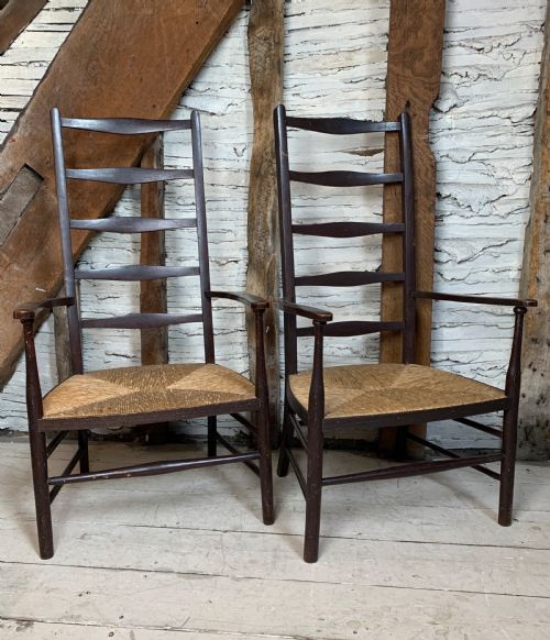 Pair of Arts & Crafts Stained Beech Ladder Back Chairs with Rush Seats
