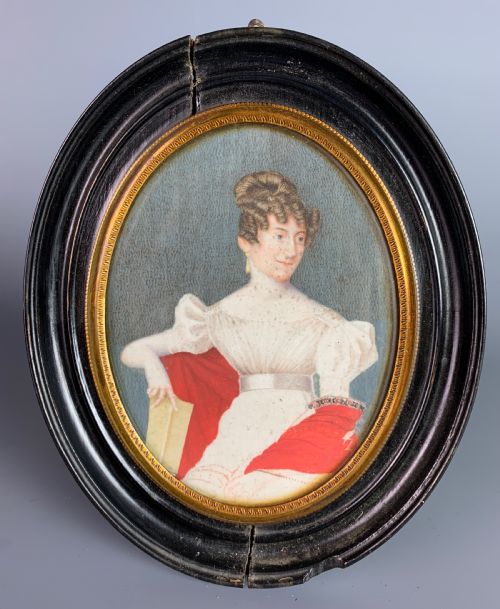 Regency Watercolour Portrait Miniature of a Lady in a Red Shawl