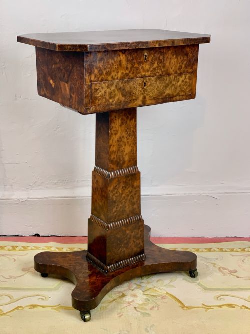 William IV Burr Elm Pedestal Work Table with Frieze Drawer and Platform Base