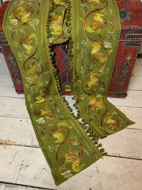 Victorian Hand Embroidered Green Wool Fringed Pelmet, 4m Long