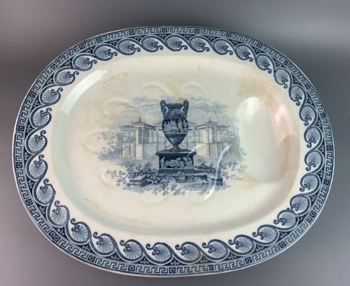 Large Antique Blue & White Pottery Meat Plate with Gravy Well