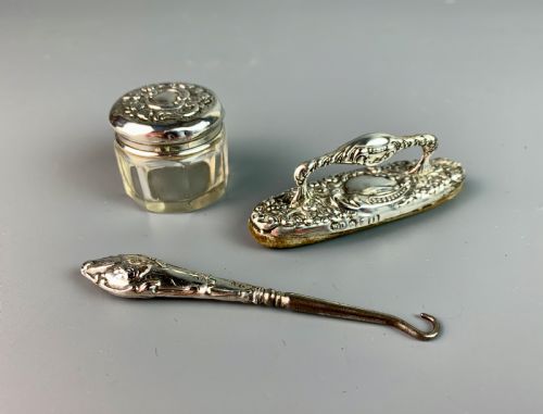 Victorian Silver Mounted Nail Buffer, Silver Top Jar & Button Hook