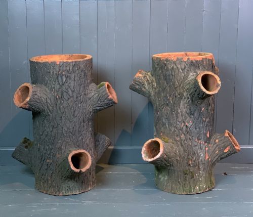 Pair of Terracotta Faux Bois Tree Trunk Strawberry Planters