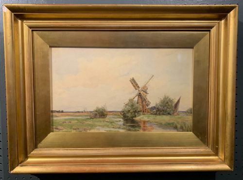 Wilfrid Williams Ball Watercolour of a the Norfolk Broads with Windmill and Cattle