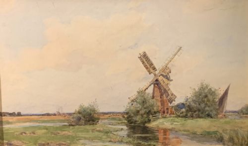 fig 1. Wilfrid Williams Ball watercolour of a the Norfolk Broads with windmill and cattle