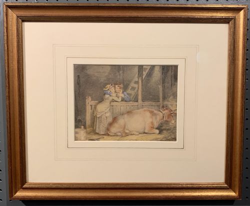 Mid 19th Century Watercolour of a Lovers in a Byre