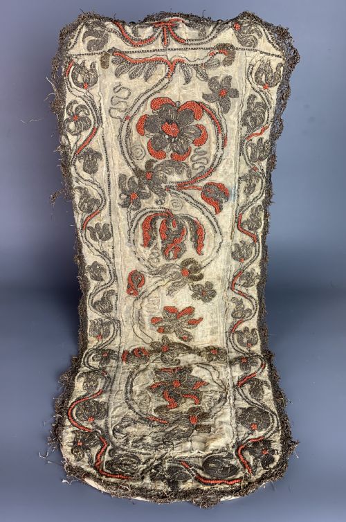 17th Century Silver Bullion Thread and Coral Bead Silk Textile Panel