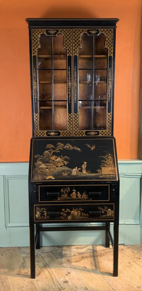 Chinoiserie Decorated Black Japanned Bureau Bookcase