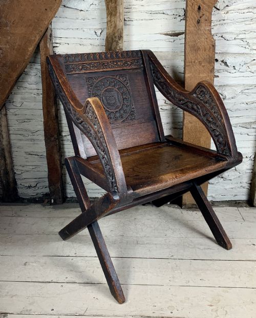 Victorian Oak Glastonbury Chair Carved with the Crown of Thorns
