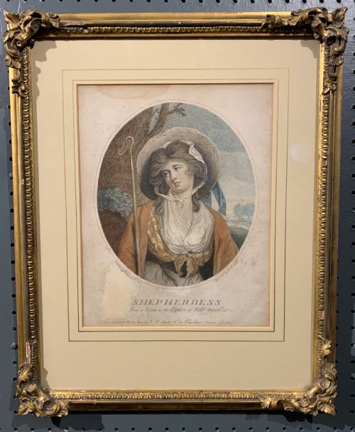 A Georgian Stipple Engraving of a Shepherdess, After S. Woodforde 1787