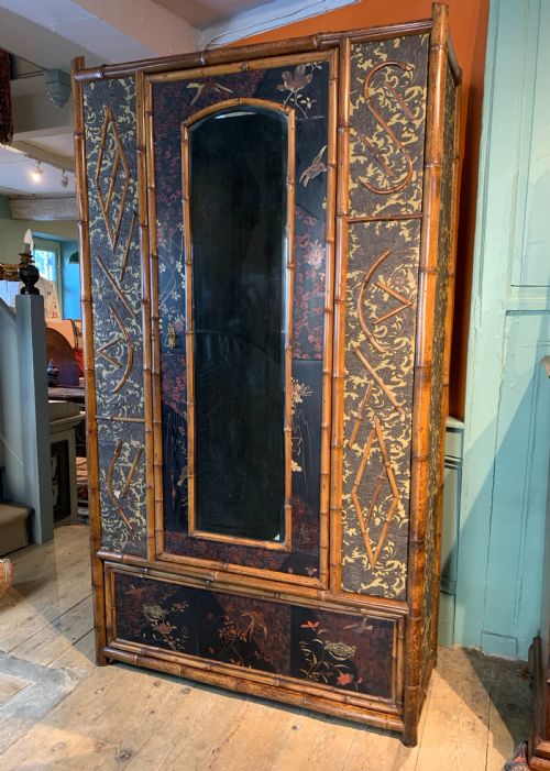 Victorian Aesthetic Movement Bamboo and Lacquer Panelled Wardrobe