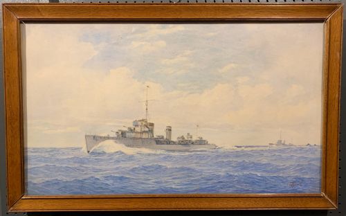 Watercolour of Hms Wallace at Full Steam in Baltic Waters by W.a. Richards