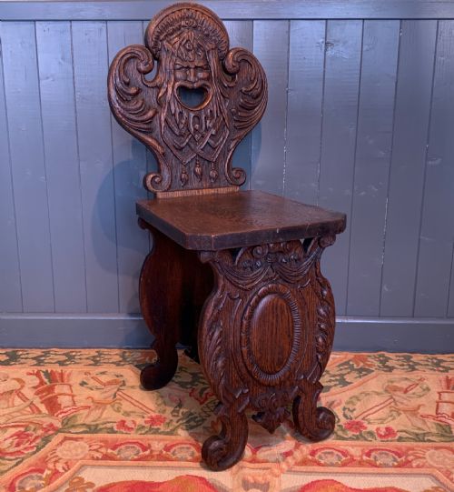 Italian Renaissance Revival Carved Oak Sgabello Hall Chair