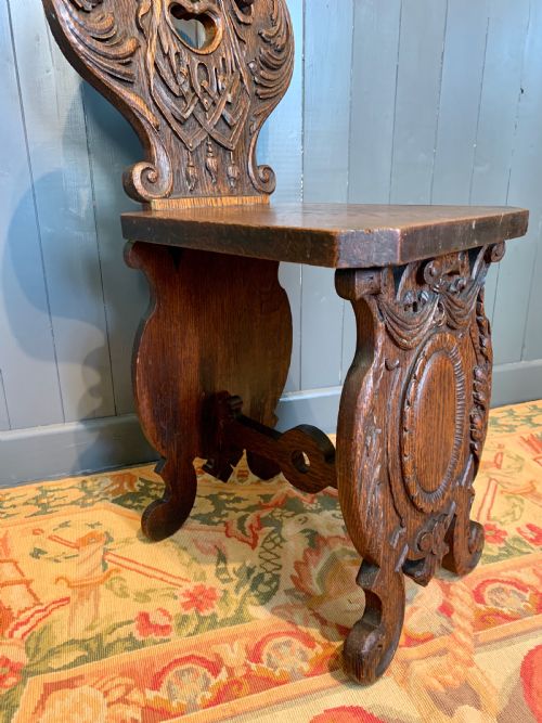fig 1. Italian Renaissance revival carved oak Sgabello hall chair 