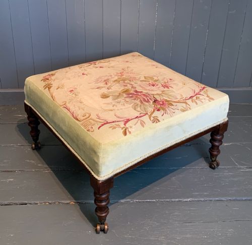 Victorian Aubusson Tapestry Upholstered Stool with Harrington's Patent Castors