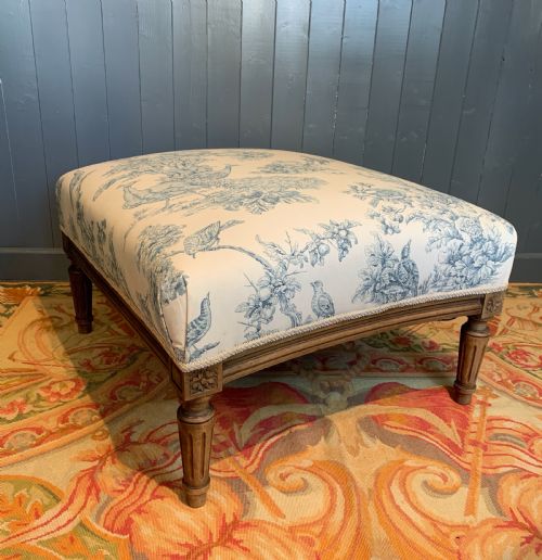 French Louis Xvi Revival Ottoman Stool Upholstered in Blue & White Toile De Jouy
