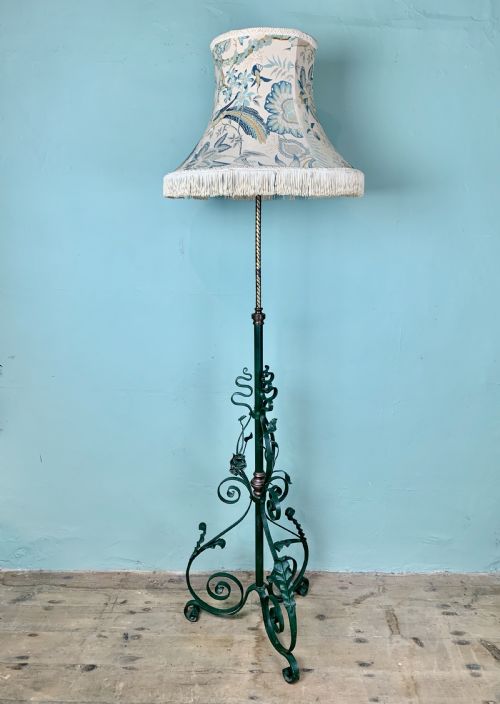 Victorian Green Painted Wrought Iron and Brass Adjustable Standard Lamp