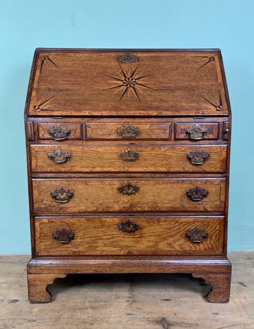 Georgian 18th Century Country Oak Bureau with Inlaid Starburst Design