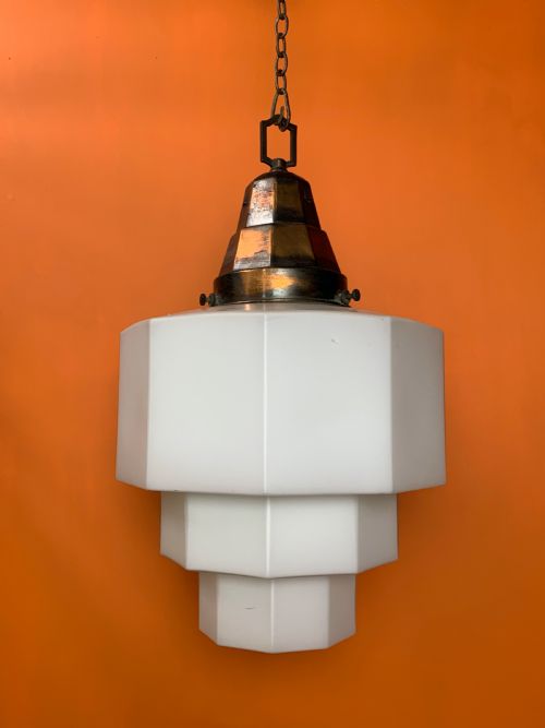 Large Art Deco Opaline Glass Pendant Odeon Ceiling Light