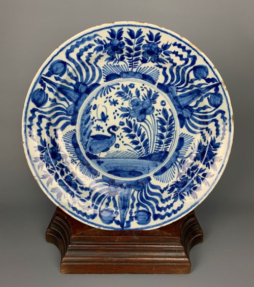 18th Century Delft Blue & White Charger Painted with Tulips and a Water Bird